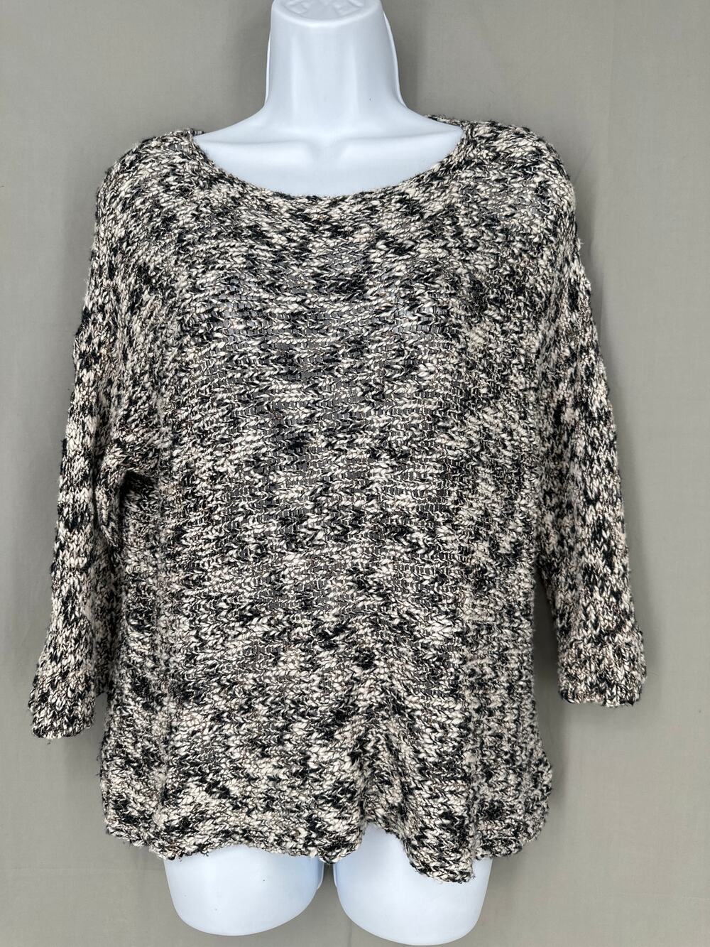 Eileen Fisher Sweater XS Beige Black Open Knit Flowy Cotton Knit Cozy Beach